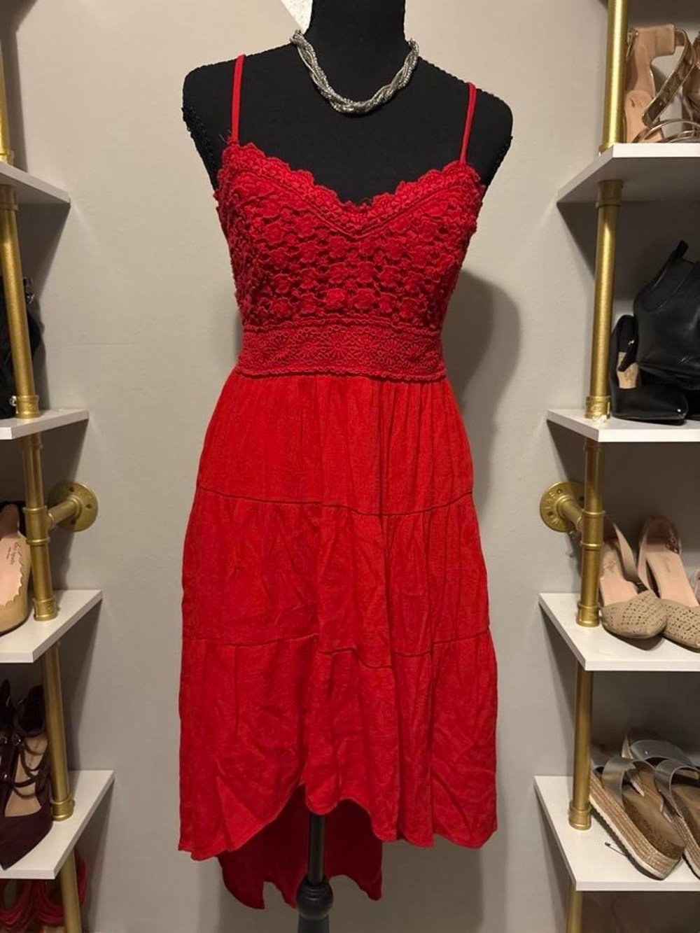 Red Crochet Bodice High-Low Summer Dress